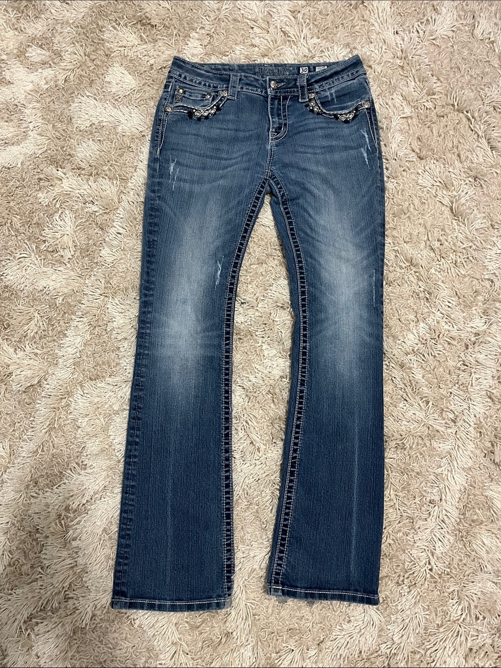 Miss Me Medium Blue Boot Cut Jeans with Embellished Front Pockets